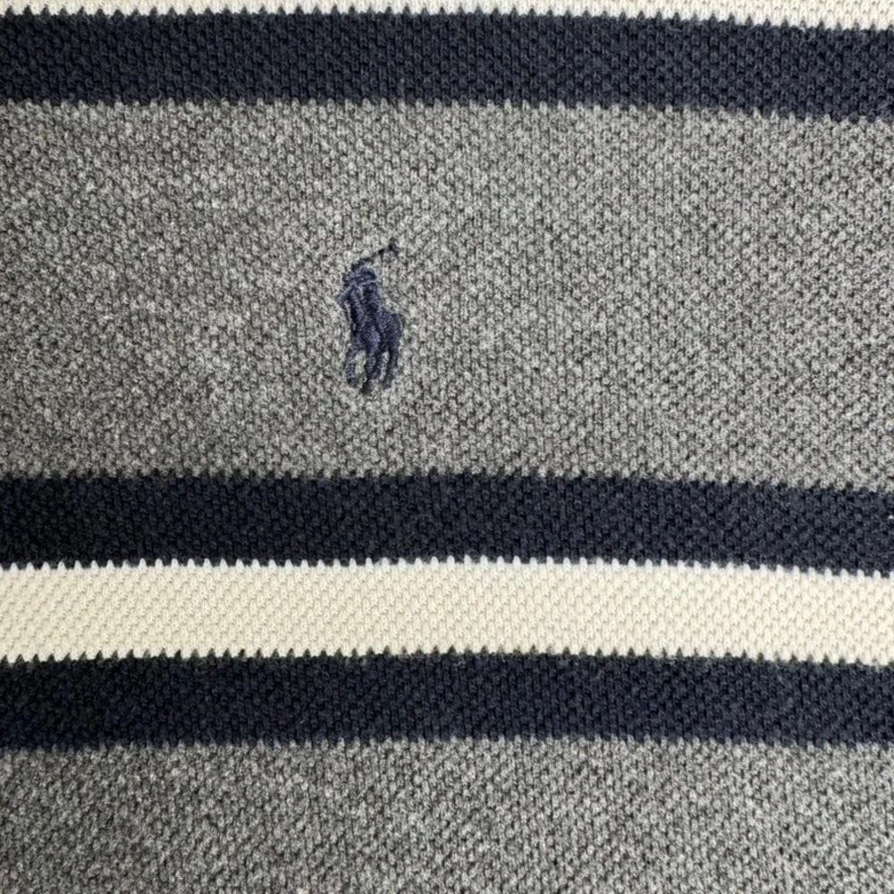 Polo Ralph Lauren Polo Shirt Mens L Striped Cotton Classic Fit Gray White Blue